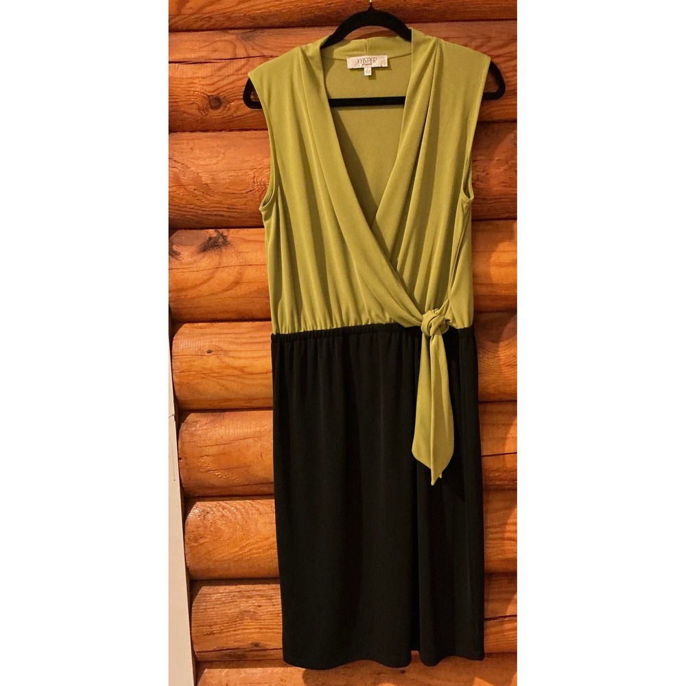 Kasper Separates Womens Lime Green Black Colorblock Wrap Tie Sheath Dress L